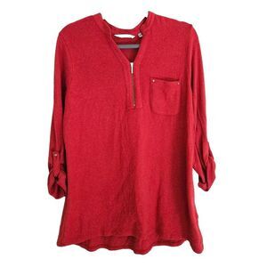 Soft Suroundings Soft Knit Roll Tab 1/4 Gold Zip Tunic Womens Size M Red